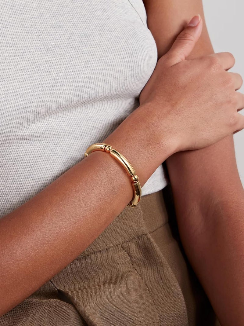 Badu Gold Chunky Bangles Bracelets For Women 14k Gold Plated Stack Layered Curved Bamboo Tube Stretch Bracelets Gift Jewelry - Image 5